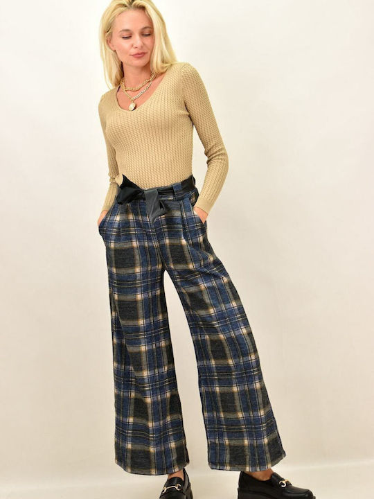 Damen Hoch tailliert Stoff Hose mit Gummizug Geprüft Marineblau