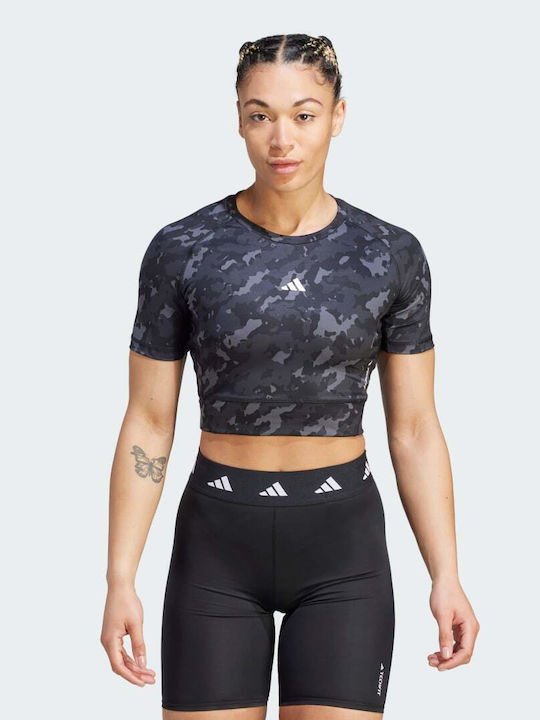 Adidas Print Women's Athletic Crop Top Short Sleeve Fast Drying Khaki