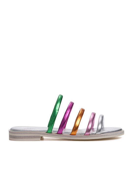 Leder Flache Sandalen für Damen in Silber Farbe