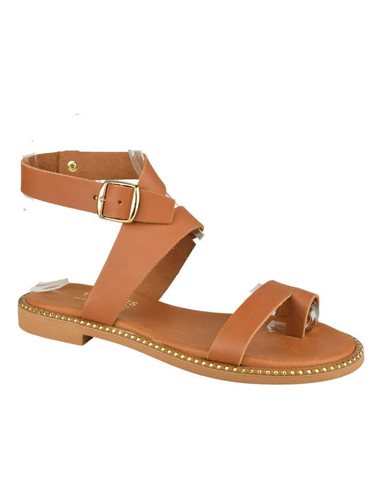 Yfantidis Leder Damen Flache Sandalen mit Riemen in Tabac Braun Farbe