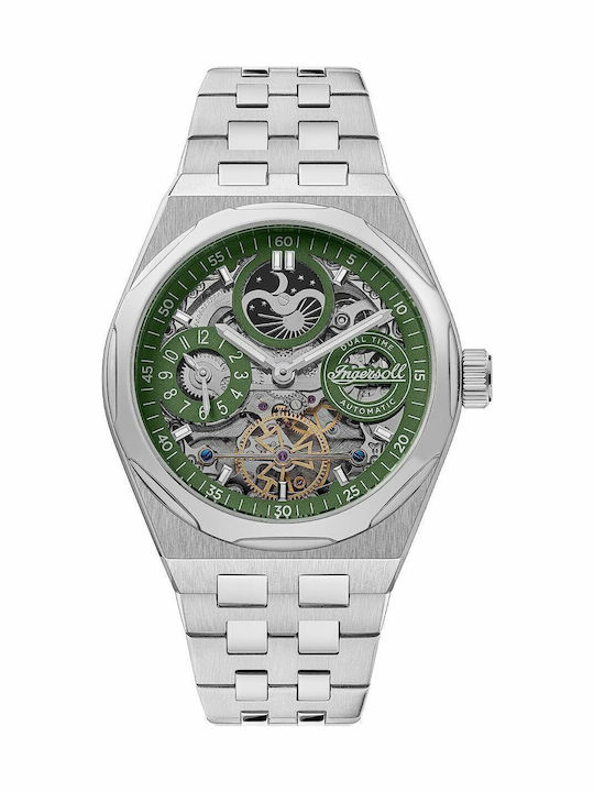 Ingersoll Ανδρικό Ρολόι 43mm Αυτόματο με Ασημί Μεταλλικό Μπρασελέ