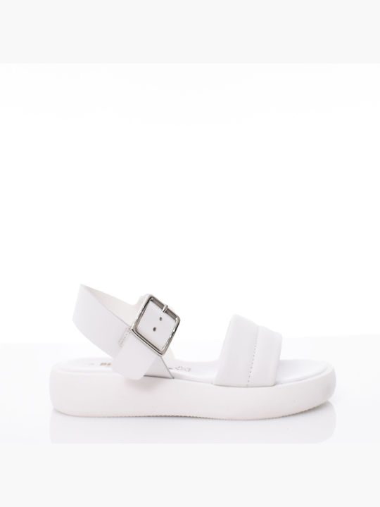 BioNatura Leather Women's Flat Sandals with Strap Flatforms in White Color