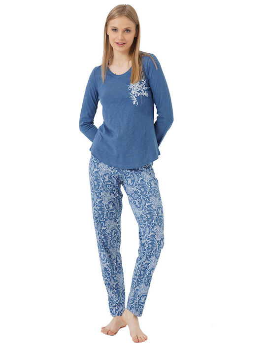 Vienetta Secret Winter Damen Pyjama-Set Baumwolle Blau