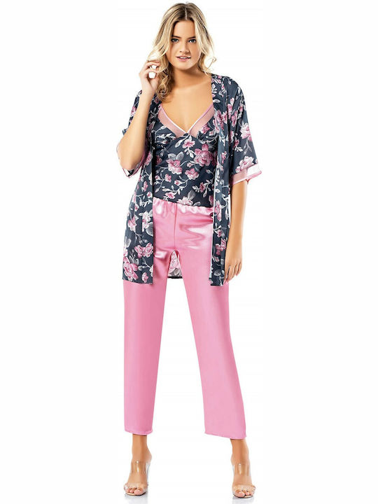 Kal-tsa Sommer Damen Satin,σατεν Robe mit Pyjama Rosa