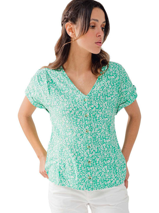 C'est Beau La Vie Women's Floral Short Sleeve Shirt Green