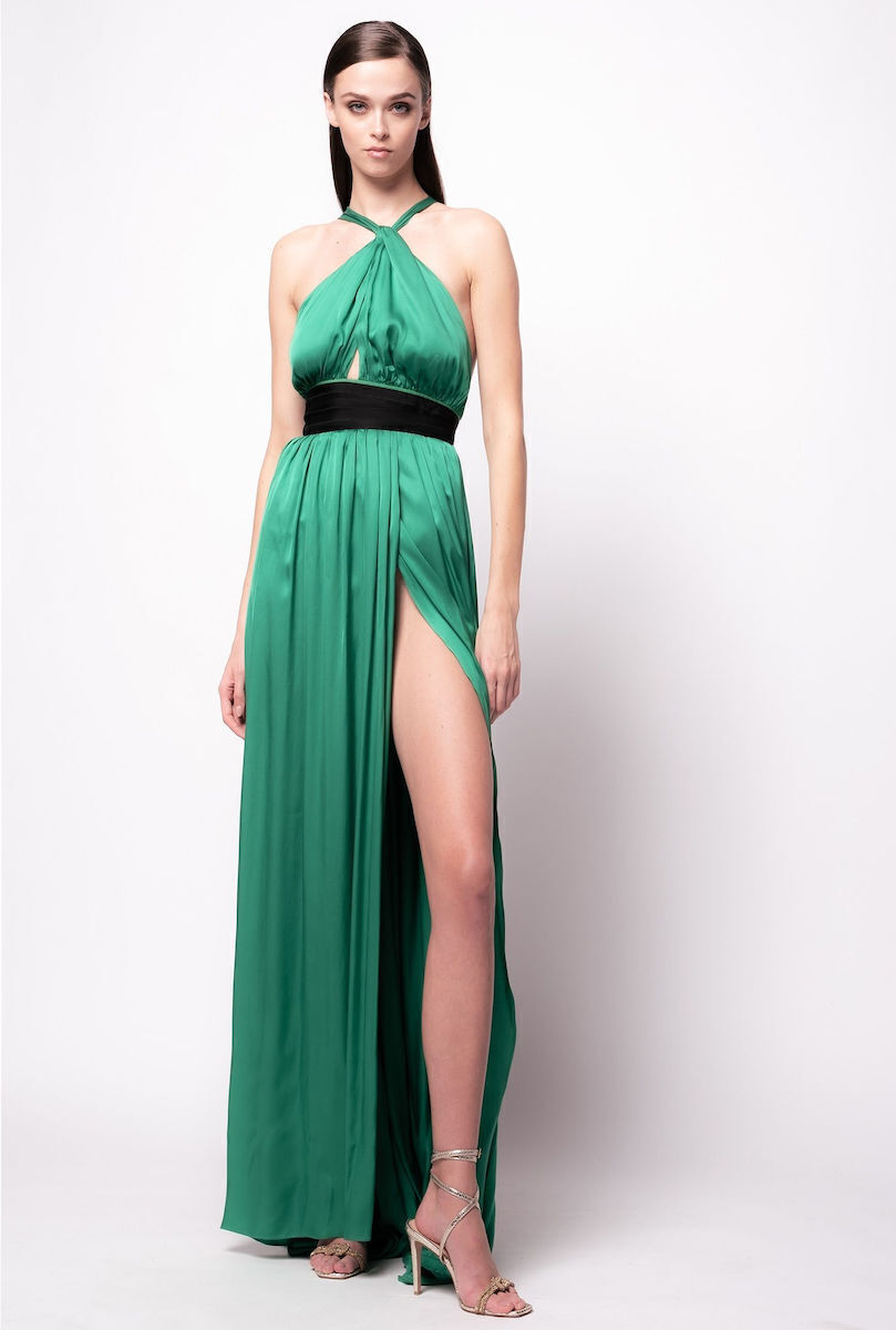 Pinko Maxi Evening Dress Satin with Slit Green 1N13K0A04FX63