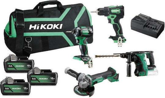 Hikoki KC18DEWHZ Set Ciocanul & Mașină de găurit & Roată unghiulară & Șurubelniță cu impact 18V cu 3 baterii 5Ah și husă