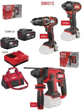Skil D00212 Set Impact Drill Driver & Impact Screwdriver & Hammer 20V with 2 Batteries 5Ah and Case