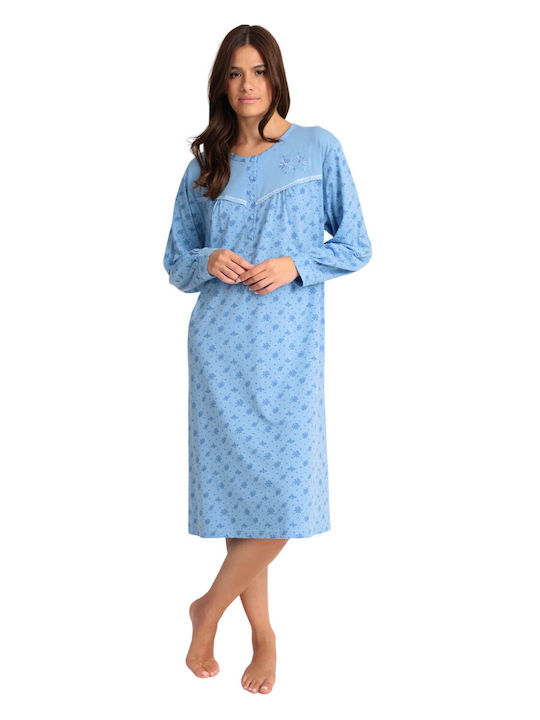 Lydia Creations Winter Cotton Women's Nightdress Light Blue