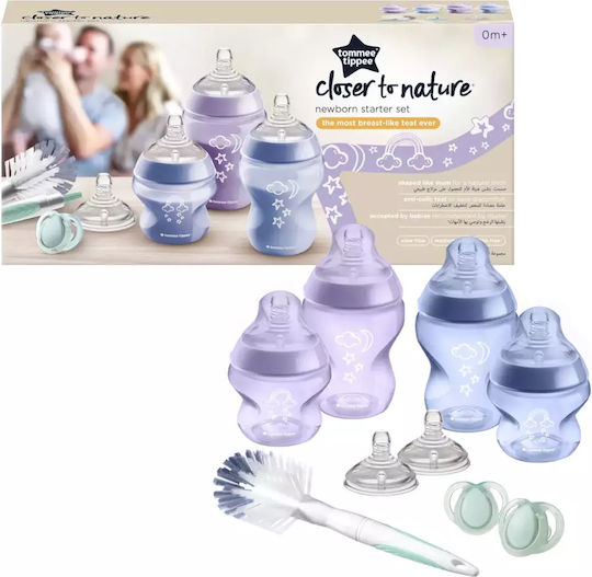 Tommee Tippee Σετ Πλαστικά Μπιμπερό Closer to Nature Newborn Starter Set Κατά των Κολικών με Θηλή Σιλικόνης για 0+ μηνών Ροζ 260ml 9τμχ