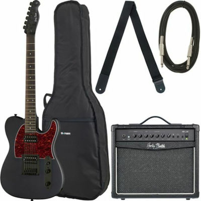 Harley Benton SBK Standard Set Electric Guitar With Shape Telecaster and HH Pickups Layout Black Matt