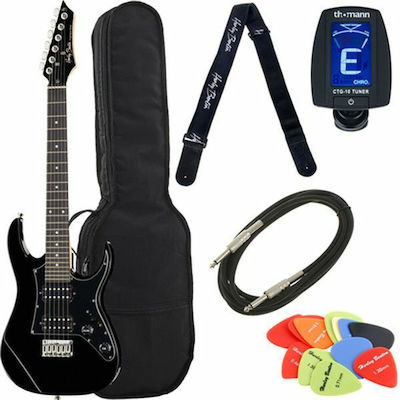 Harley Benton BK Set Electric Guitar With Shape Stratocaster and HH Pickups Layout Black Color