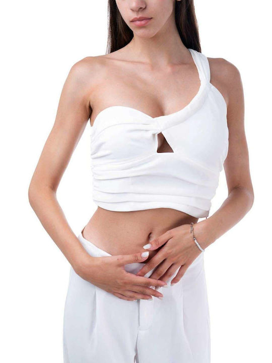 MY T Women's Summer Crop Top with One Shoulder White