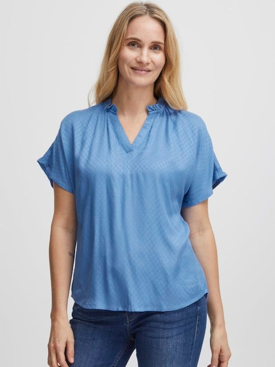 Fransa Women's Summer Blouse Short Sleeve with V Neckline Blue