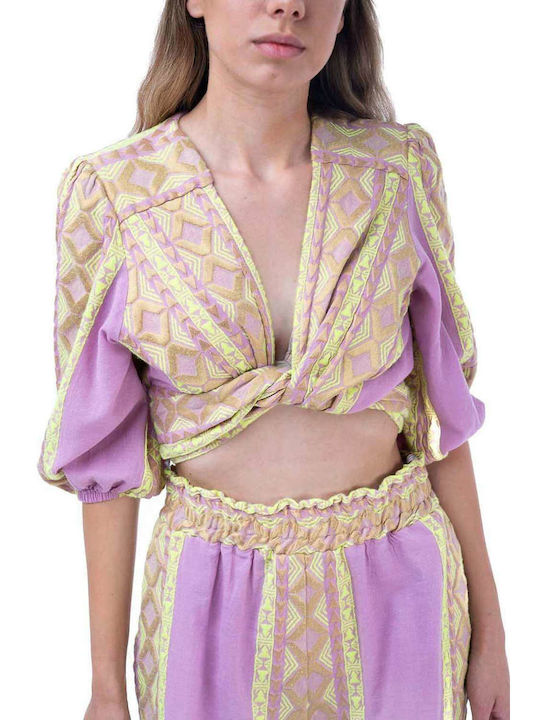 Lace Women's Summer Crop Top with 3/4 Sleeve & V Neckline Purple