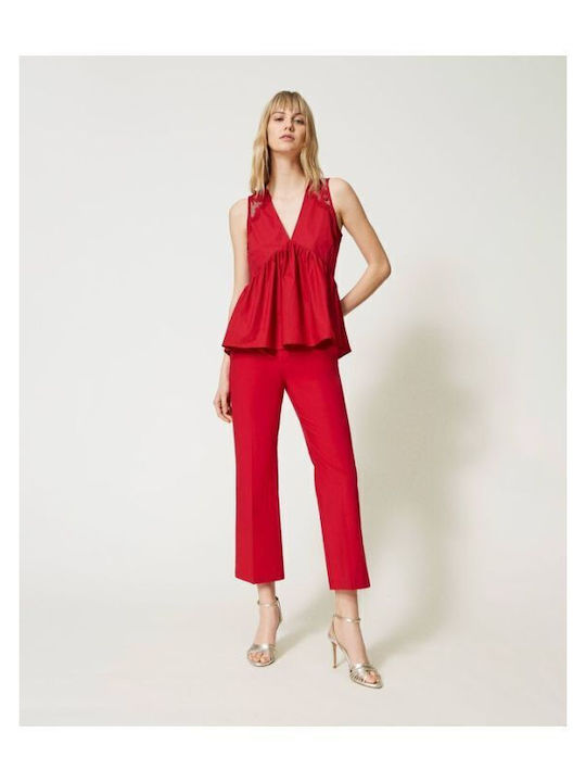 Women's Summer Blouse Cotton Sleeveless with V Neckline Red