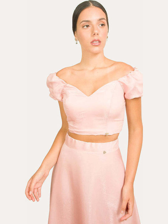 Damen Sommer Crop Top Satin Kurzarm mit Reißverschluss Rosa