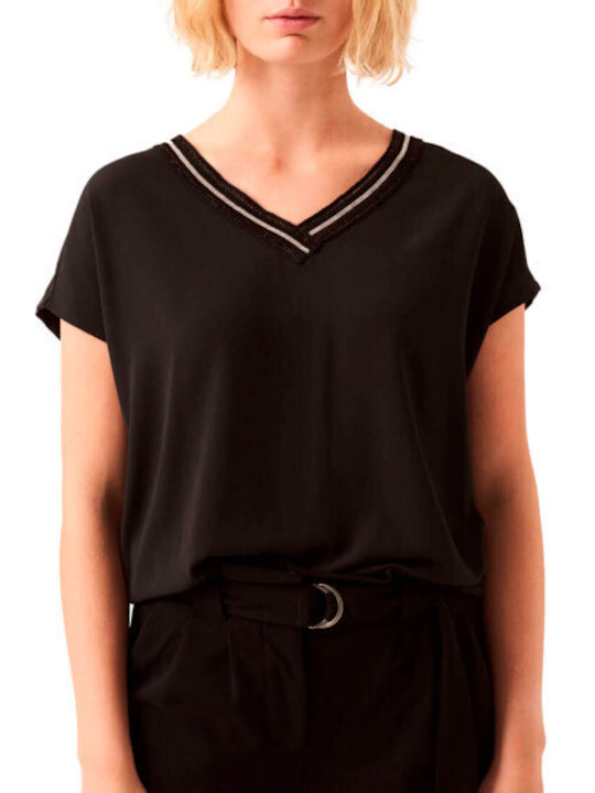 Garcia Women's Summer Blouse Short Sleeve with V Neckline Black