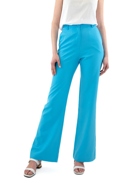 MY T PANTS Γυναικείο Ψηλόμεσο Υφασμάτινο Παντελόνι Straight Γαλάζιο