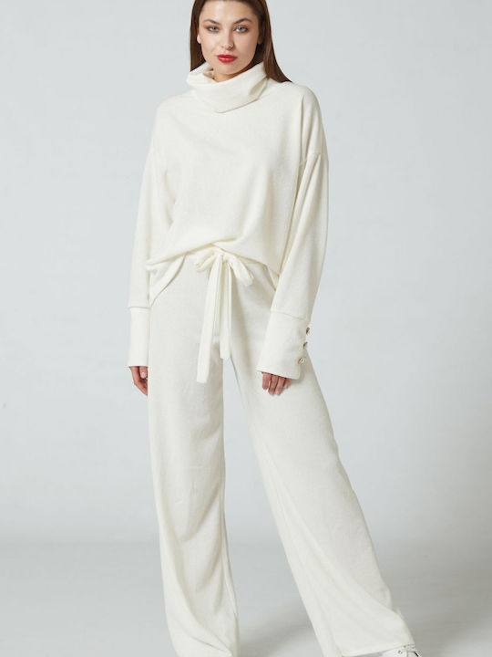 Enter Fashion Γυναικείο Λευκό Σετ με Παντελόνι με Λάστιχο
