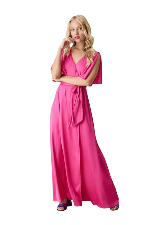 Summer Maxi Evening Dress Satin Wrap Fuchsia