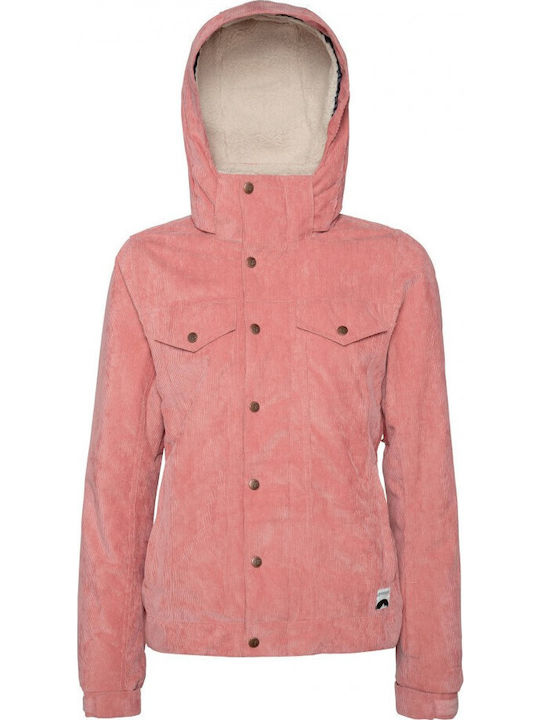 Women's Short Lifestyle Jacket Waterproof for Winter with Detachable Hood Pink