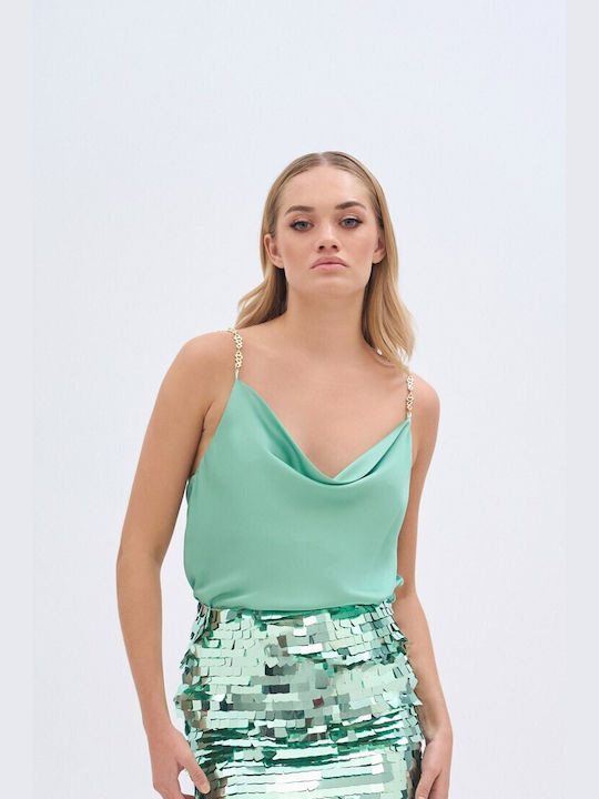 Studio 83 Women's Summer Blouse Satin with Straps Green