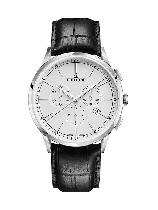 Edox Watch Chronograph Battery with Black Leather Strap