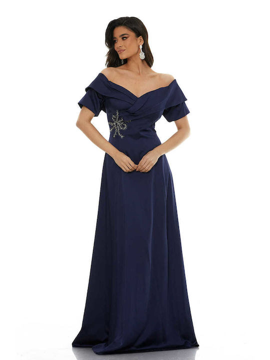 RichgirlBoudoir Maxi Dress for Wedding / Baptism Draped Satin Off-Shoulder Navy Blue