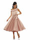 RichgirlBoudoir Midi Dress for Wedding / Baptism Satin Off-Shoulder Pink