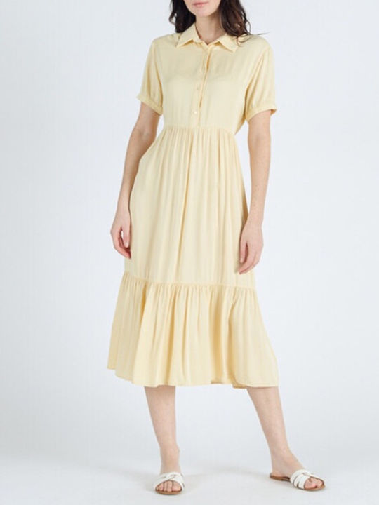 Cuca Summer All Day Short Sleeve Mini Dress with Collar Yellow