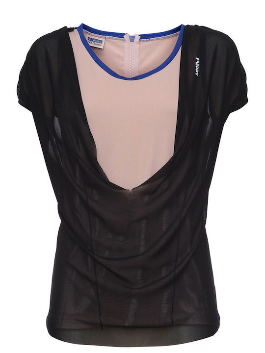 Freddy Women's Athletic Blouse Short Sleeve Fast Drying with Sheer Black