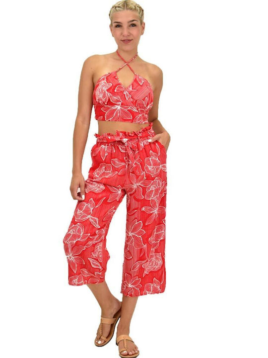 First Woman Women's Red Set with High-waisted Trousers with Elastic in Straight Line Floral