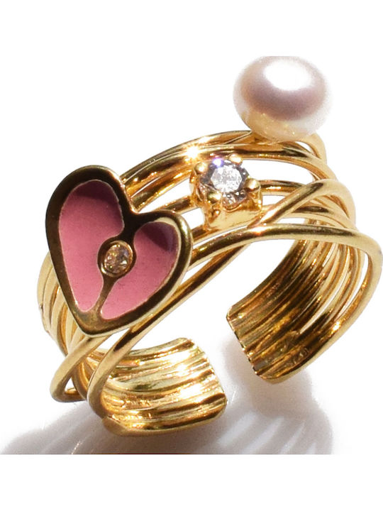 Bizoutaki Ring with Pearls, Zircon & Enamel made of Silver Gold Plated