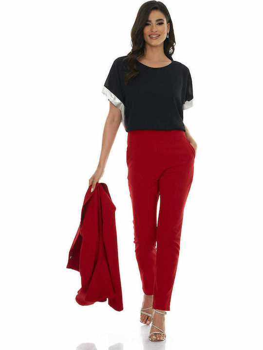 Damen Hoch tailliert Stoff Hose mit Gummizug in Lockere Passform Rot