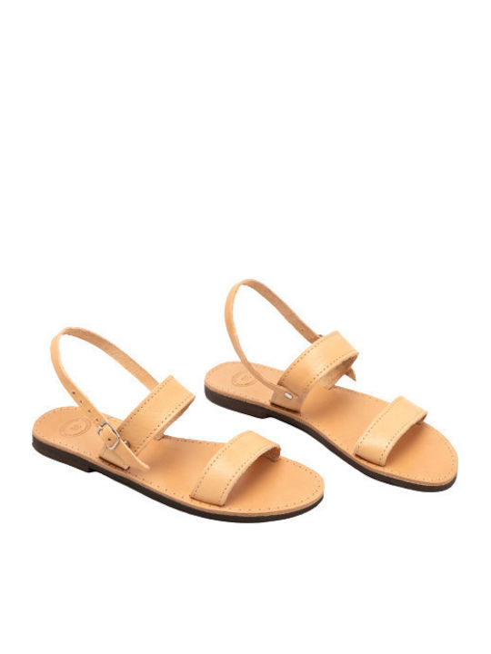 Leather Women's Flat Sandals with Strap in Beige Color