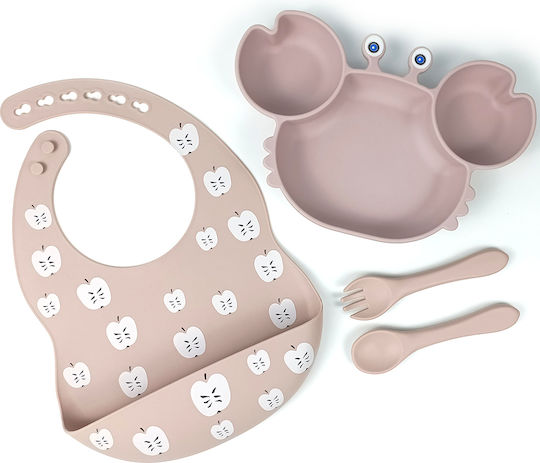 Queen Mother Crab Feeding Set Made of Silicone with Anti-Slip Base Pink Pink with Apples 4 Pieces for 6+ Months