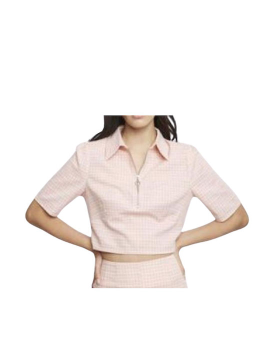 Glamorous Women's Summer Blouse Linen Short Sleeve with Zipper Orange