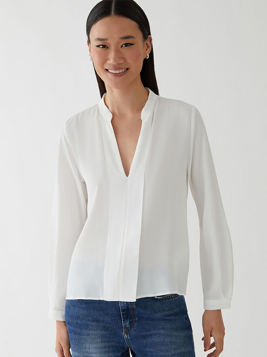 IBlues Damen Sommerliche Bluse Langärmelig mit V-Ausschnitt Weiß