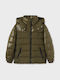 Down Kids Quilted Short Coat with Lining and Hood Khaki
