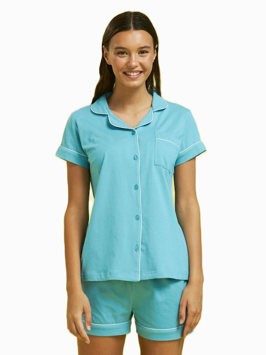 Noidinotte Sommer Damen Pyjama-Set Baumwolle Türkis