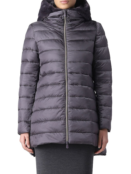 Save The Duck Women's Long Puffer Jacket for Winter with Hood Gray