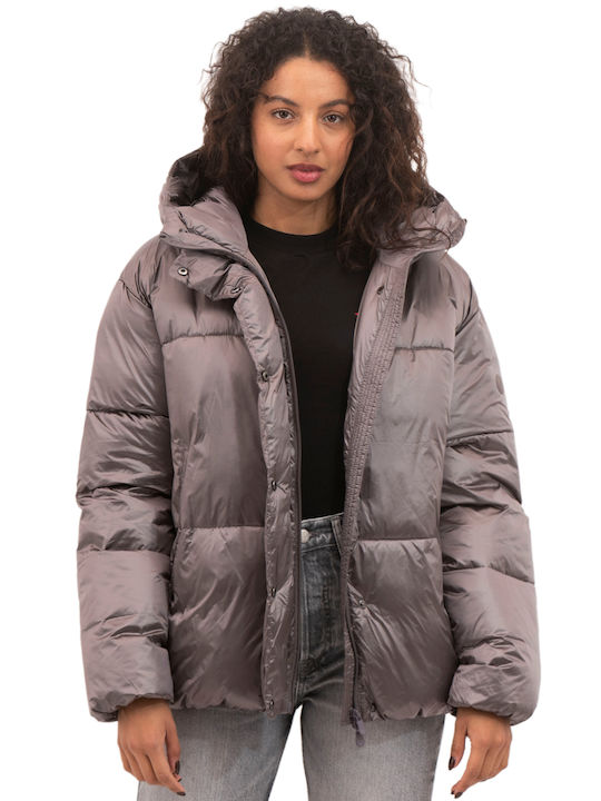 Save The Duck Women's Short Puffer Jacket for Winter with Hood Gray