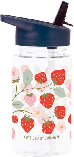 A Little Lovely Company Strawberries Kids Water Bottle Plastic with Straw 450ml (Various Designs/Colours)