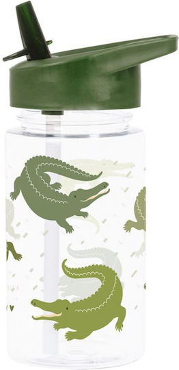 A Little Lovely Company Crocodiles Kids Water Bottle Plastic with Straw Green 450ml