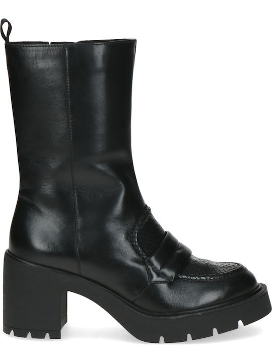 Leather Women's Ankle Boots with High Heel & Fur Black