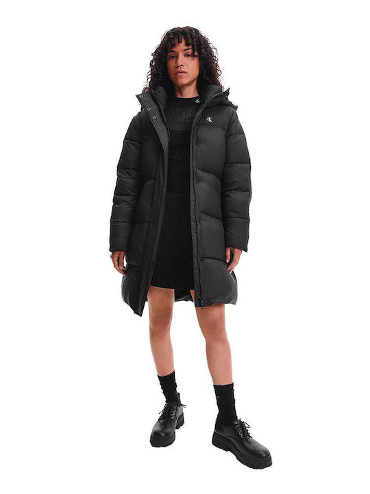 Women's Long Puffer Jacket for Spring or Autumn with Hood Black