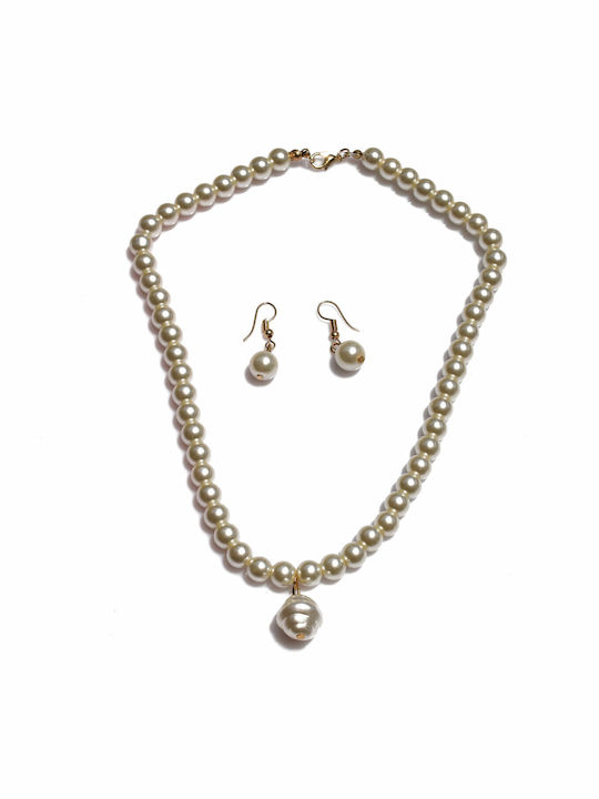 Bizoutaki Set with Necklace & Earrings from Brass with Pearls