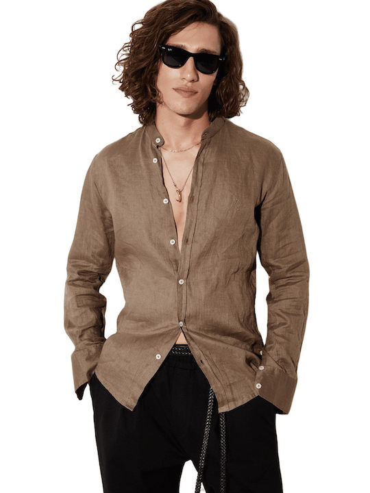 Stefan Fashion Men's Shirt Long Sleeve Linen Brown