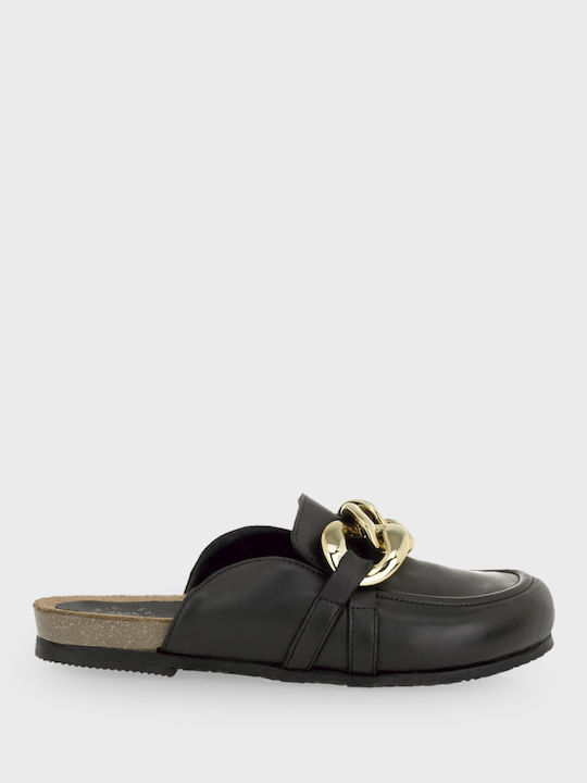 Tsakiris Mallas Flach Leder Mules in Schwarz Farbe